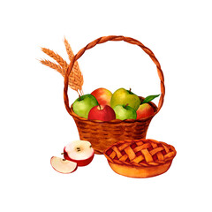 Wicker basket of apples and baked pie, watercolor realistic illustration, for prints, invitations, postcards to the autumn holidays Thanksgiving, harvest festival, farmer's market, kitchen, menu