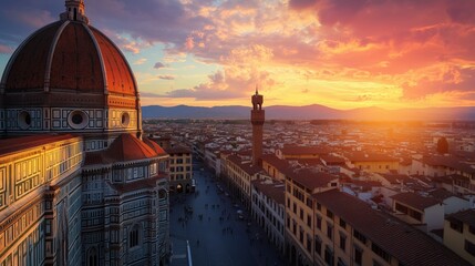 Obraz premium Admire Florence's stunning church dome at sunset, with vibrant frescoes and charming cobblestone streets.