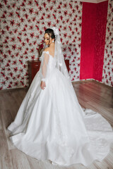 Fototapeta premium A bride is standing in front of a red wall, wearing a white dress and a veil. The dress is long and flowing, and the bride is posing for a picture. Scene is elegant and romantic