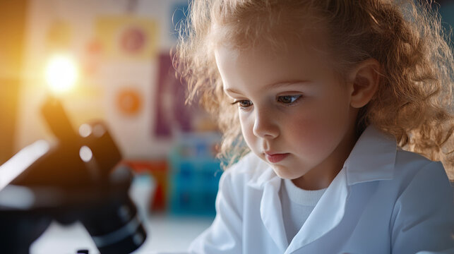 A child wearing a lab coat observes through a microscope, surrounded by educational posters in a sunlit classroom