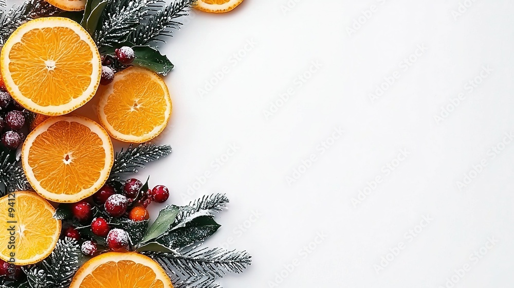 Poster a cluster of oranges perched on a table alongside a berry array and a pine cone