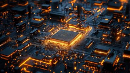 Digital circuit board lighting up, electrical pulses traveling through, 3D animation