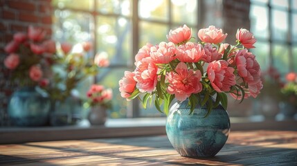 A beautiful arrangement of pink peonies in a stylish vase, enhancing the cozy interior with natural light.