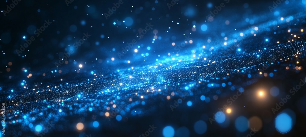 Poster Blue network glitter background. Global data cyber system. Generative AI technology.	
