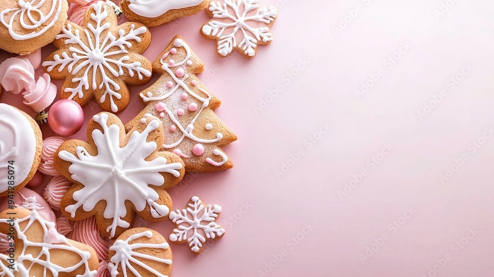 Poster a pink table adorned with an array of diverse cookie varieties and overlapping frosted snowflakes