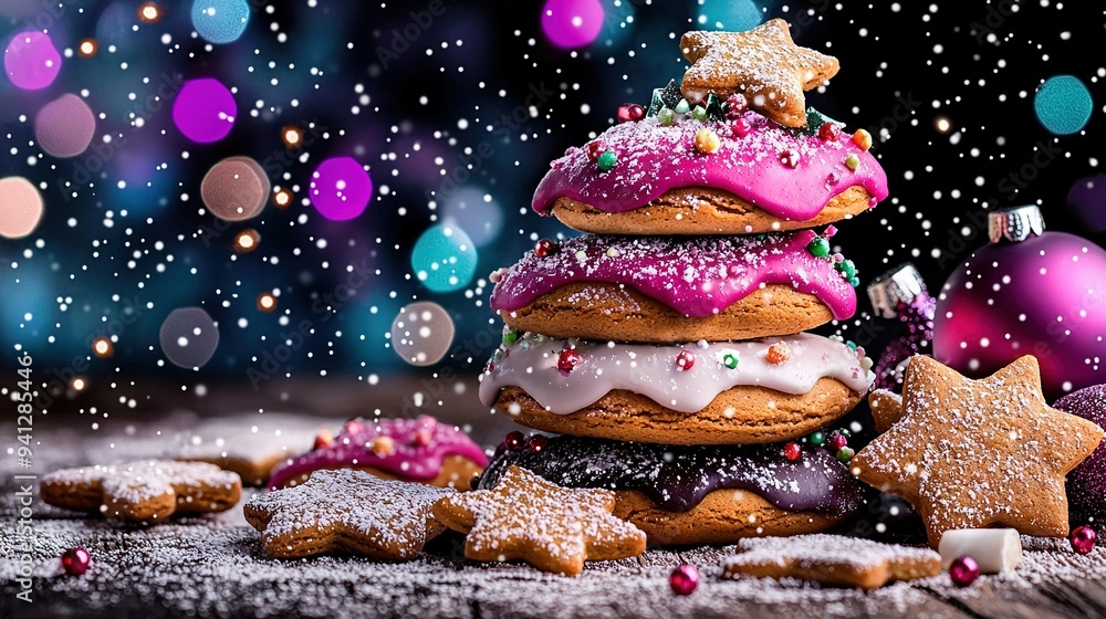 Poster a stack of doughnuts on a table with icing and sprinkles