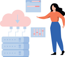 The girl is working on a cloud server.