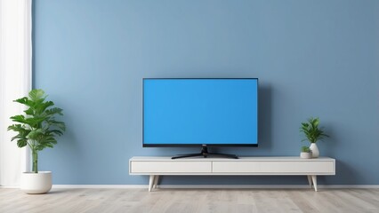 A Modern Living Room with a Flat Screen Television Mounted on a White Console Table