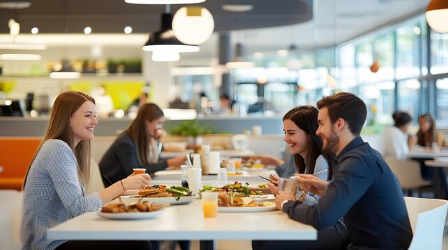 26. A team of office workers enjoying lunch at a modern cafeteria with bright, comfortable seating