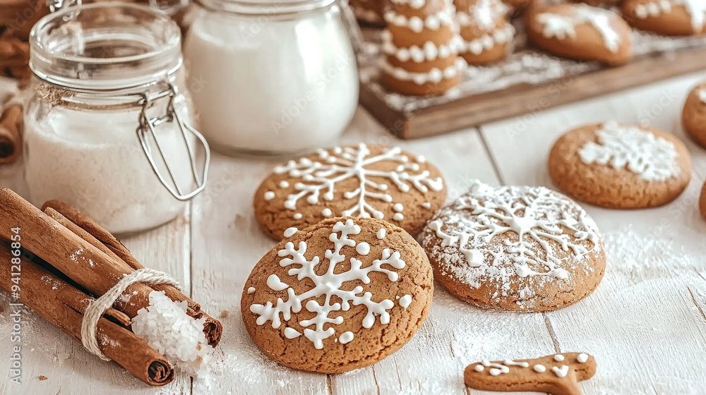 Poster a table topped with cookies covered in icing, next to cinnamon sticks and a jar filled with powdered