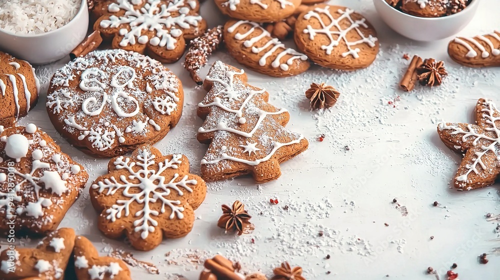 Poster a table adorned with rows of iced cookies atop piles of powdered sugar and cinnamon
