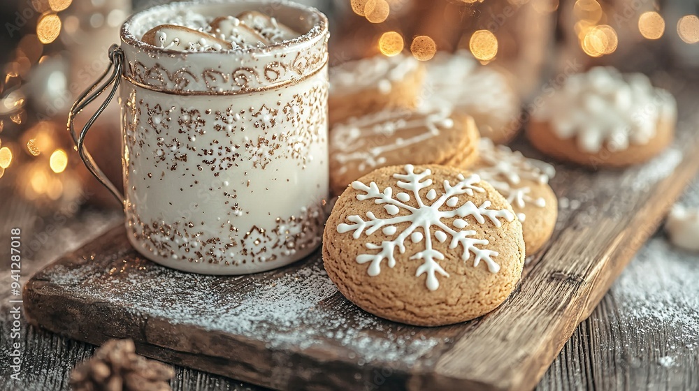 Wall mural a wooden board holds a cup of coffee & cookies adorned with a snowflake design on its surface