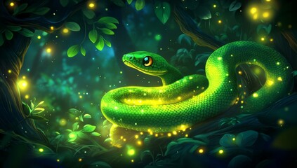 Fototapeta premium Symbol of the year 2025. Wallpaper, design, calendar, cover. A magical, green snake in a mystical forest.