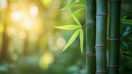 Bamboo tree on green blurred background with sunlight, copy space