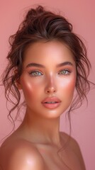 Naklejka premium beautiful model woman with amazing shining skin on blush pink gradient background, beauty portrait