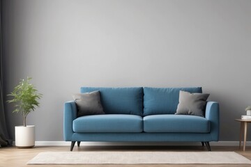 A Blue Sofa with Gray Pillows in a Minimalist Living Room