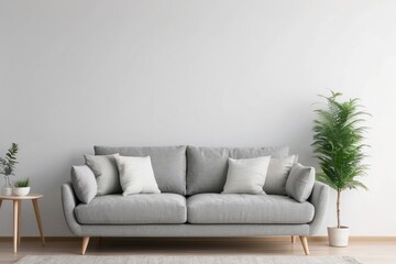 Grey Sofa with Pillows and Plants in a Minimalist Living Room