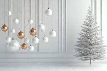 A modern and elegant white Christmas tree with gold and white decorations. Ideal for holiday cards and decor.