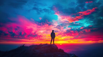 A silhouette of a person standing on a hilltop, framed by a vibrant, contrasting sunset