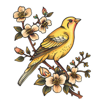 yellow bird perched on flowering branch