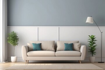 Minimalist Living Room with a Beige Sofa, Teal Pillows, and Floor Lamp