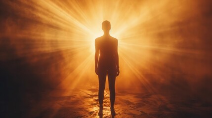 Obraz premium A silhouette of a person against a bright light source, creating a striking contrast between light and shadow