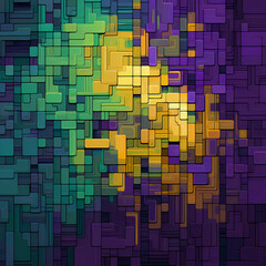 Abstract purple, green, and yellow mosaic pixel pattern