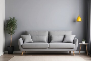 Grey Sofa with Yellow Pendant Light in Minimalist Living Room