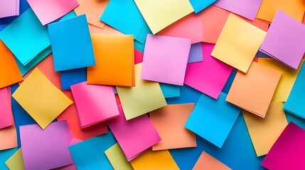 Colorful array of sticky notes, vibrant pastel hues, organized chaos, flat lay photography, office supplies, creative brainstorming concept, multi-colored paper squares.