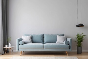 Minimalist Living Room with Light Blue Sofa and Pendant Lamps