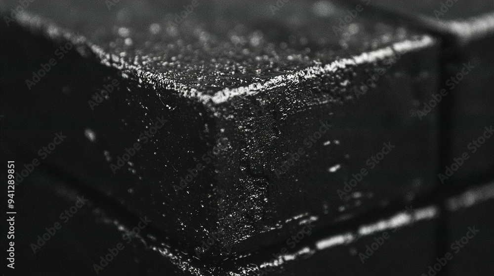 Poster a black and white photo of a block of black and white material with tiny specks in sharp focus
