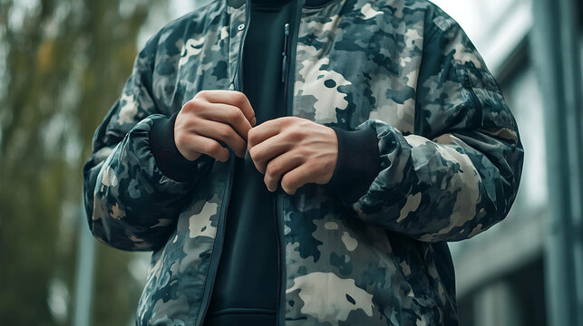 Man wearing a trendy camouflage jacket.