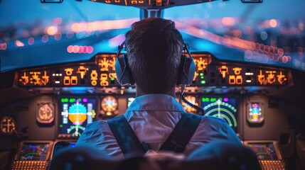 A pilot in a cockpit, preparing for takeoff, captured with dramatic lighting and angles