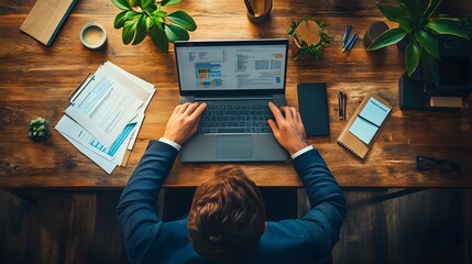48. An office worker focused on editing documents on a laptop, with a clean and organized desk setup