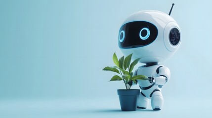 Cute robot holding small plant, pale blue background, futuristic eco-friendly concept, white android figurine, green leaves in pot, soft lighting, AI and nature harmony.