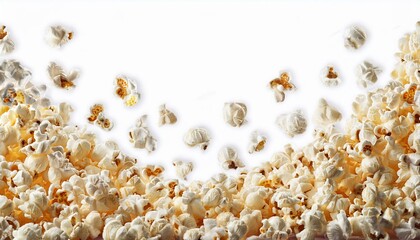 Flying popcorn, isolated on white background. Copy space