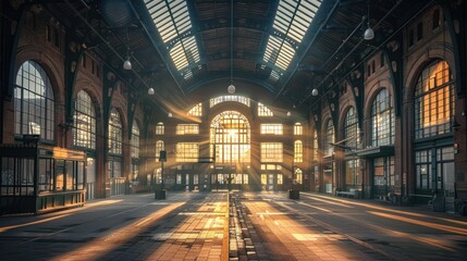 Old train station with dramatic lighting highlighting the architecture and creating deep shadows