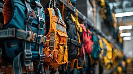 An portrait&nbsp;of a well-organized industrial safety harness and fall protection equipment arranged in a row against a hazy background and space for text, Generative AI.