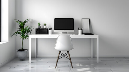 A minimalist home office setup with a sleek white desk, a simple chair, a laptop, and a few essential items neatly organized, all set against a plain white wall for a distraction-free environment