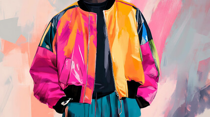 A colorful, vibrant jacket with a shiny finish.