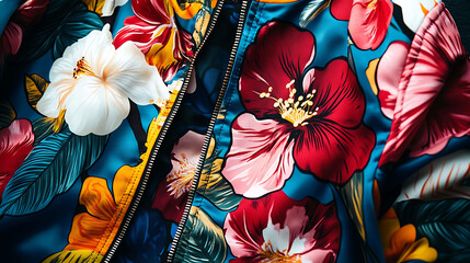 Fototapeta premium Close-up of a colorful floral patterned jacket with a zipper.