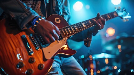 Obraz premium Musician playing guitar on stage, with a single spotlight highlighting their intense performance