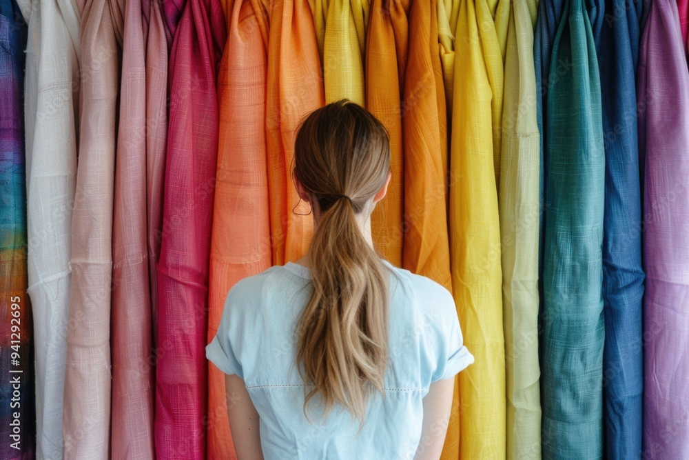 Aufkleber a person standing in front of a vibrant fabric display, ideal for use in textile-related contexts or