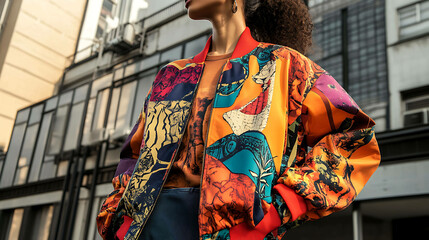 Naklejka premium Woman wearing a colorful printed bomber jacket.