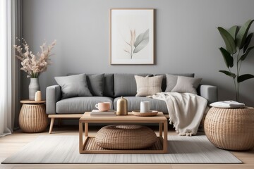 Modern Living Room with Gray Sofa, Wooden Coffee Table, and Wicker Accents