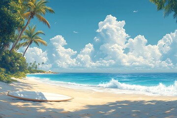 A pristine beach with white sand, turquoise water, and palm trees under a blue sky with fluffy white clouds. A surfboard sits on the sand, suggesting the perfect place for a surf session.