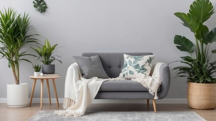 Gray Sofa with White Blanket and Throw Pillows in a Modern Living Room