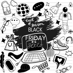 hand drawn doodle concept of discounts and black friday for designs of cards, banners and posters