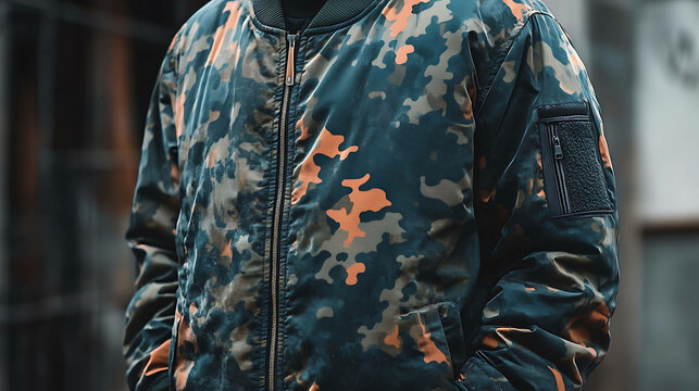 Close-up of a blue and orange camo jacket