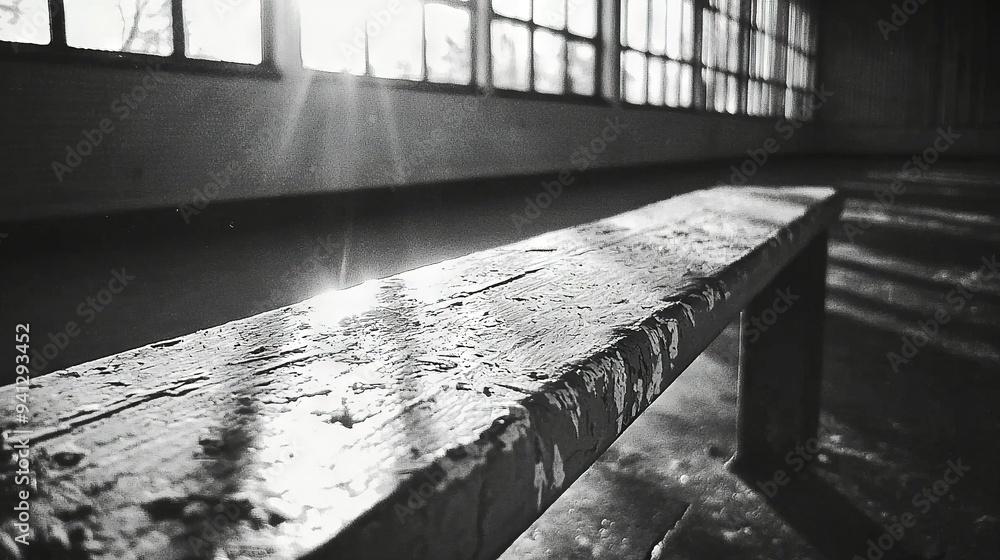 Poster a bench sits in front of a window with sunlight streaming through behind